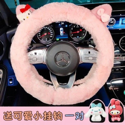 Funda para volante de coche de Anime, Hello Kitty, felpa, dibujos animados suaves, accesorios bonitos para coche, My Melody Cinnamon Roll