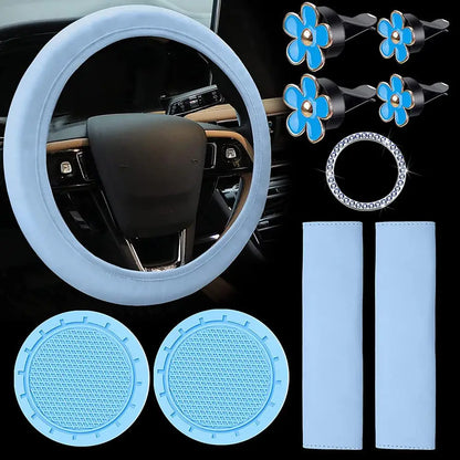 10 Pcs Faux Leather Steering Wheel Cover Set