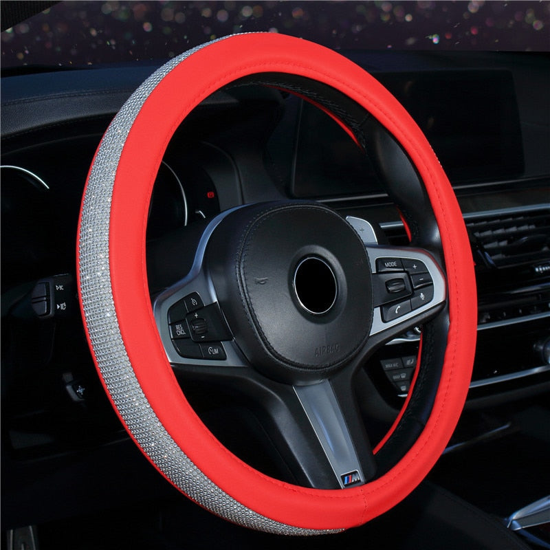 Cubierta protectora para volante de coche de 38CM para mujer, cubierta protectora para volante de cuero PU con diamantes de cristal de lujo, suministros para Interior de coche