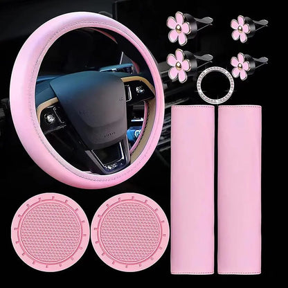 10 Pcs Faux Leather Steering Wheel Cover Set