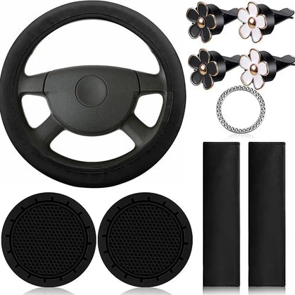 10 Pcs Faux Leather Steering Wheel Cover Set