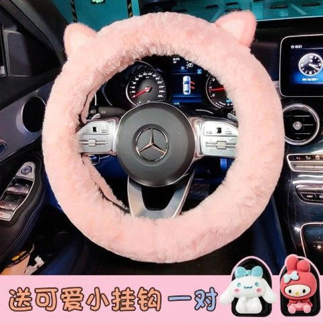 Funda para volante de coche de Anime, Hello Kitty, felpa, dibujos animados suaves, accesorios bonitos para coche, My Melody Cinnamon Roll