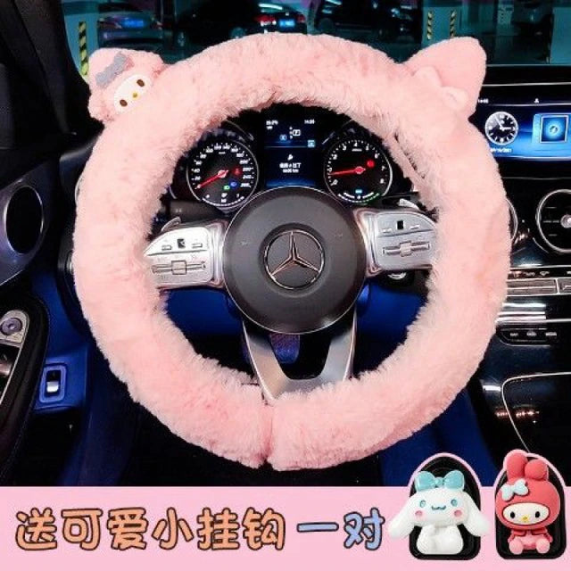 Funda para volante de coche de Anime, Hello Kitty, felpa, dibujos animados suaves, accesorios bonitos para coche, My Melody Cinnamon Roll