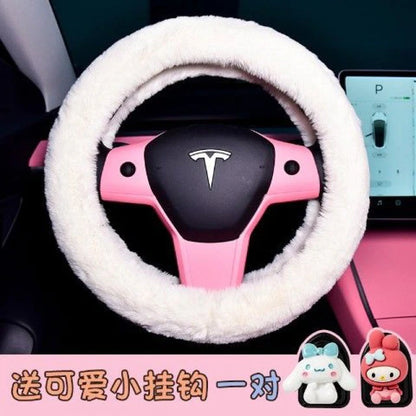 Funda para volante de coche de Anime, Hello Kitty, felpa, dibujos animados suaves, accesorios bonitos para coche, My Melody Cinnamon Roll