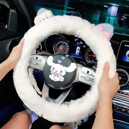 Funda para volante de coche de Anime, Hello Kitty, felpa, dibujos animados suaves, accesorios bonitos para coche, My Melody Cinnamon Roll