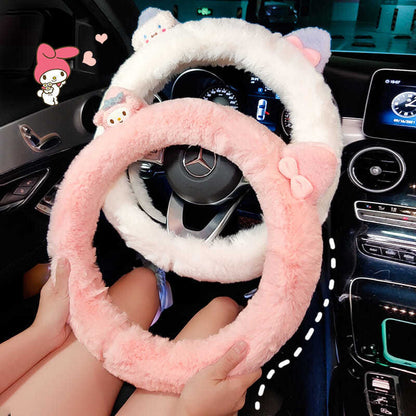 Funda para volante de coche de Anime, Hello Kitty, felpa, dibujos animados suaves, accesorios bonitos para coche, My Melody Cinnamon Roll